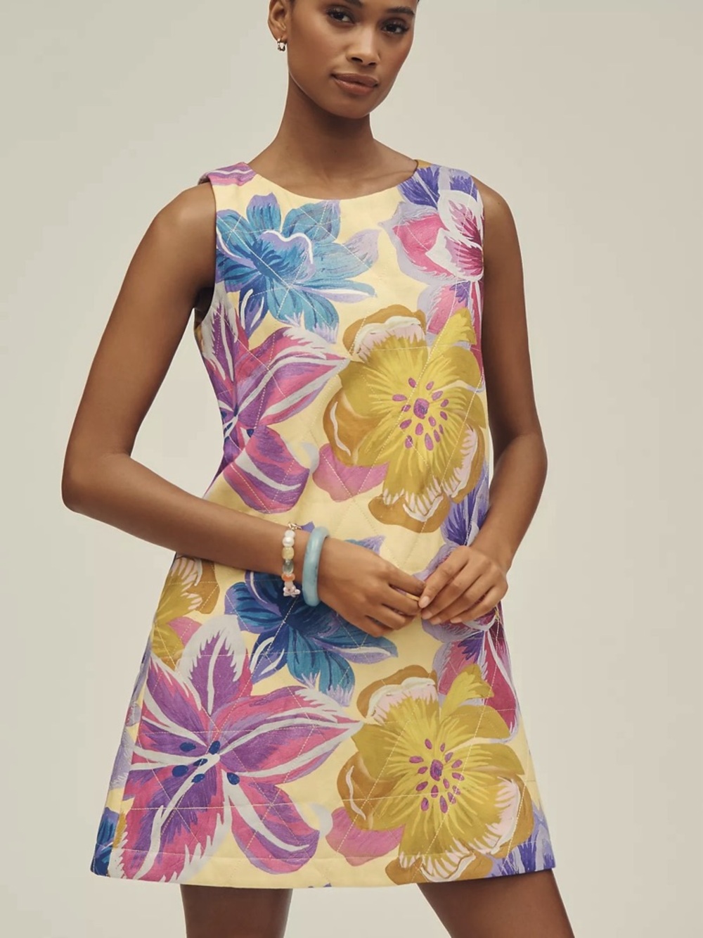 NWT Farm Rio Folk Floral Hibiscus Quilted Mini Dress Pockets Gold Purple S Small - Picture 1 of 4